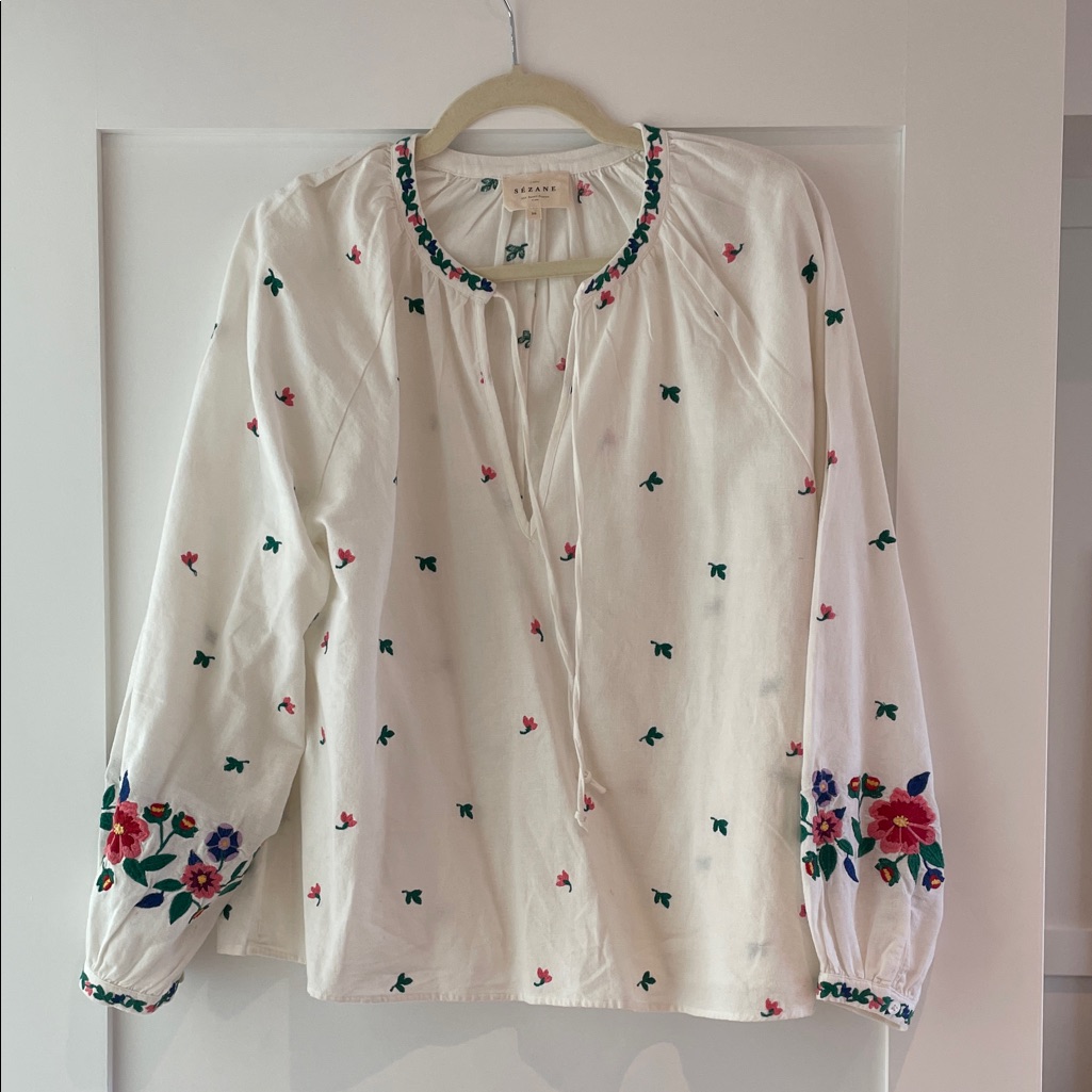 Sezane | Embroidered Floral Blouse In Ivory (36)